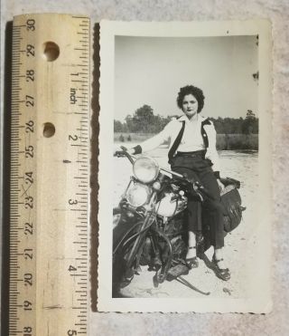 Vintage Black & White Photograph Of Woman On A Harley Davidson 1940 