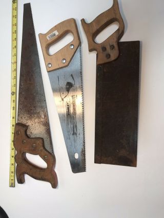 3 Old Hand Saws.  One Stanley And Two Unknown Brands Wooden Handles Blade