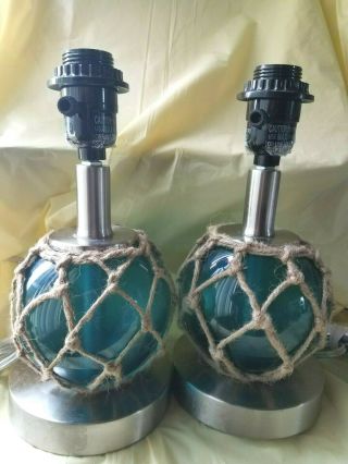 2 Vintage Retro Blue Glass And Chrome Table Lamp Base Twine 70 
