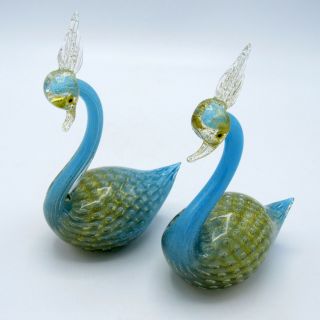 Camer Italian Glass Swan Figures Set Ny Made In Italy Aqua W/gold Fleck Accents