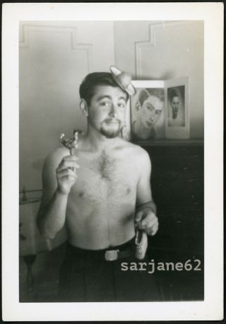 Handsome Shirtless Hairy Man W/ Goatee Being Silly Vintage Gay Int Photo