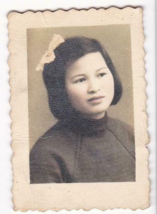 Chinese Girl Hand Colored Lips Hair Ribbon Studio Photo 1950s - 1960s China
