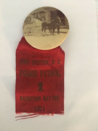 Port Chester N Y Police Patrol 1 1901 Button & Ribbon Officer On Horse Carriage