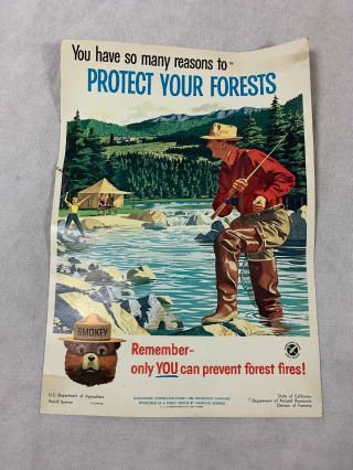 1960 Smokey The Bear Forest Service Poster With Fisherman California