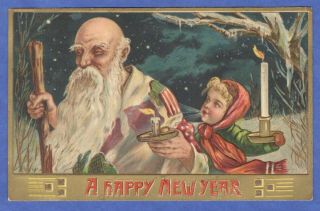 Father Time W/small Old Candle,  Little Girl W/new Candle Embo Year Postcard