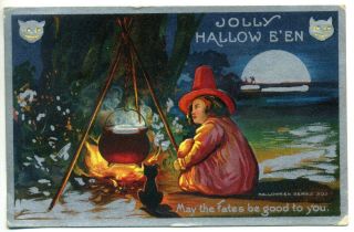Halloween Vintage Postcard Embossed Witch With Cat Cauldron And Full Moon 1911