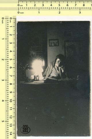 014 Woman In The Dark,  Glowing Light Lady Reading Old Photo Snapshot