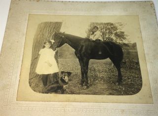 Rare Antique American Farm Children,  Pet Horse & Dog Outdoor Maine Cabinet Photo 3