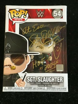 Signed Pop Wwe Sgt Slaughter 54 With 5 Remarks On Front & Side Wwf Hof Funko