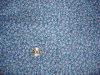 Vintage Cotton Fabric Small Pink,  White,  Blue Floral On Blue Wamsutta 1 Yd/45 " W