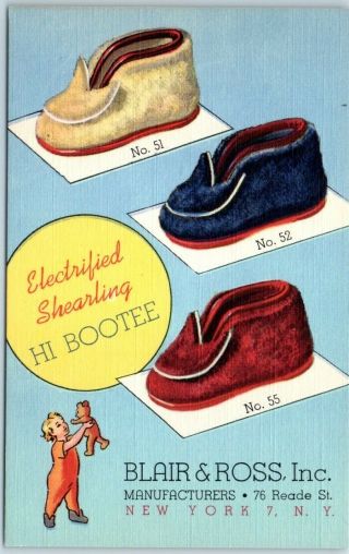 Vintage Linen Advertising Postcard Blair & Ross " Hi Bootee " Slippers Nyc C1945