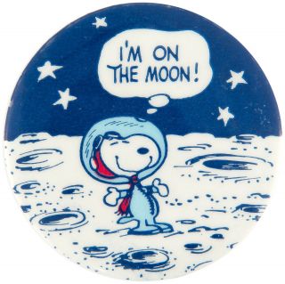 Classic,  Scarce And Historic Moon Landing Button Featuring Snoopy From 1969.
