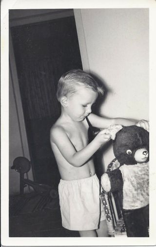 374p Vintage Photo Of Adorable Little Boy Playing With His Teddy Bear