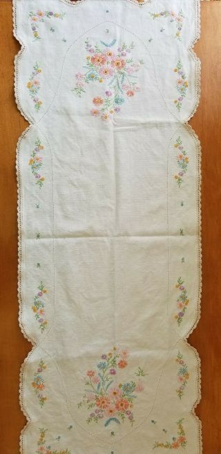 Vintage Hand Embroidered Table Runner Dresser Scarf Approx.  39 " ×16 " Floral