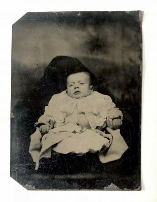 Creepy Antique Tintype Photograph Of Baby - Post Mortem? Tin Type 3.  5” X 2.  5”