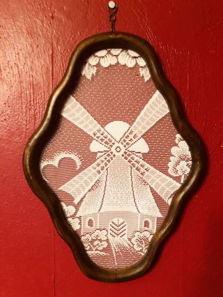 Vintage Lace Doily Dutch Windmill Curved Wood Antique Frame