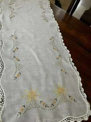 Vintage Table Runner Dresser Scarf Embroidered Yellow Flowers Lattice 15x42 (11)