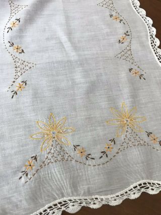 Vintage Table Runner Dresser Scarf Embroidered Yellow Flowers Lattice 15x42 (11) 3