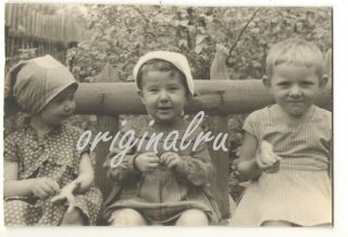 Photo 1950s Three 3 Little Cute Girls Children Summer Soviet Vintage
