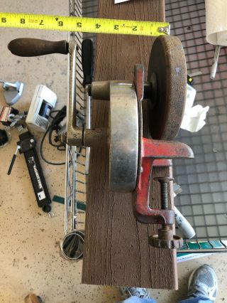 Vintage Hand Crank Bench Top Grinder Grinding Wheel Sharpening Stone