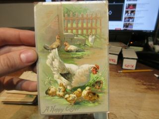 Vintage Old Antique Victorian Era Postcard Happy Easter Chicken Hen Mother Chick