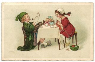 Pauli Ebner ? Children Smoking Knitting At Table With Dog And Dolls Postcard