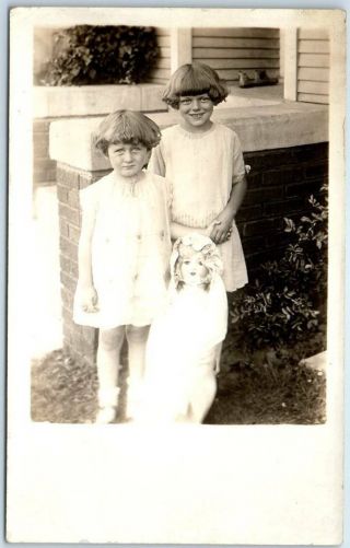 Vintage Rppc Real Photo Postcard 2 Little Girls Sisters W/ Doll C1930s