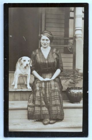 Woman On Porch With Pet Dog; Real Photo Postcard Rppc C.  1915
