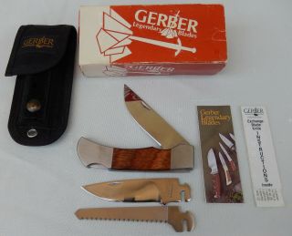 Vtg.  Gerber International 3 Pc.  Exchange Blade Lock Back Knife W/sheath No.  7523