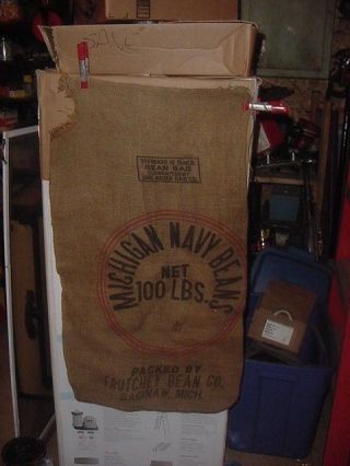 Vintage Burlap Bag Sack 100 Lbs Cabin Cottage Decor Michigan Navy Beans Saginaw