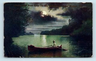 Moline,  Il - Rare C1910 Moonlight Canoe Boat View On Mississippi - Postcard Q2