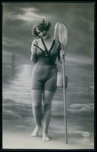 French Risque Sexy Fishing Bathing Beauty Woman 1920s Photo Postcard Bb