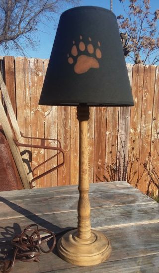 Rustic Vintage Lodge Log Cabin Table Top Lamp Black Bear Paw Print Shade