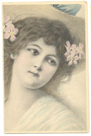 M.  M.  Vienne - Lovely Woman With Pink Flowers In Her Hair Circa 1900