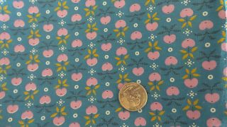 Vintage Cotton Fabric Purple Apples On Turquoise Blue,  Whtie Xs,  Dot 1 Yd/36 " Wide