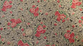 Antique Cotton Fabric Red & Pink Floral On Black & White Outline 1 Yd/35 " Wide