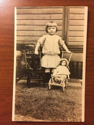 Vintage Postcard Photo Little Girl &baby Doll In Stroller