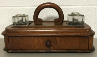 Vintage Wood Inkwell Desk Tray Stand With Drawer And Handle