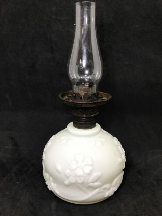 Antique Miniature Oil Lamp Opaque White Glass Fostoria Apple Blossom P&a Nutmeg