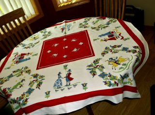 Vintage Tablecloth Early American Colonists Paul Revere 48 " X 48 " Red Wht Bl Yel