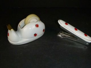 Vtg Kitchen King Ceramic Tape Dispenser & Stapler Ladybug Motif Japan