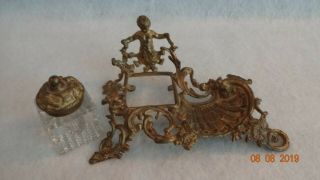 Antique Vintage,  Art Nouveau,  Rococo Style,  Brass & Glass Inkwell With Cherub