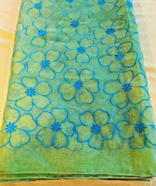 Unique Vintage 60s/70s Sheer Green W/ Blue Floral Rectangular Tablecloth 96 " X56 "