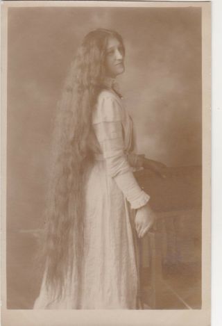 Unusual Rare Old Vintage Photo Woman Dress Very Long Hair Stunning F3