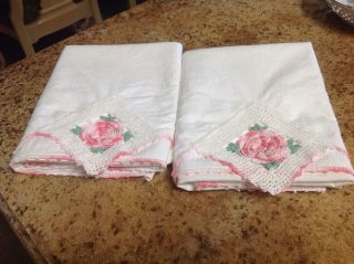 Vintage Pillowcases Hand Crocheted Lace Cabbage Rose Pink 40s Era Large 33 " X 20