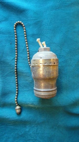 Lamp Light Socket " Hubbell " Vintage Pull Chain All Brass Patina W/uno And Acorn