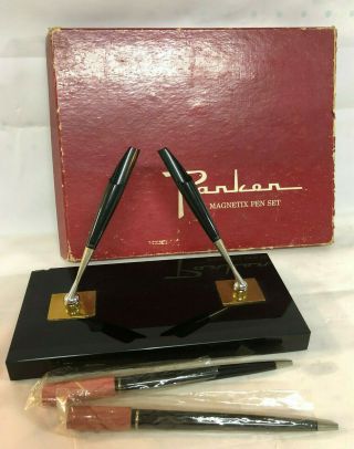 Vintage Parker Pen Desk Set Black Gold Magnetix Dual 2 Pen Base