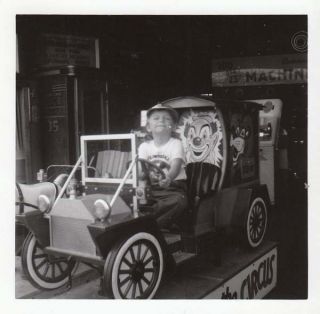 Vintage Photo Snapshot Boy Riding Coin Operated Clown Car Ride 1950s - 60s