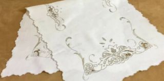 Vintage Table Runner Or Dresser Scarf,  Embroidered Flowers & Leaves,  Light Beige 2