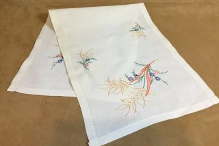 Vintage Rectangle Dresser Scarf,  Flower & Leaf Embroidery,  Linen,  Antique White